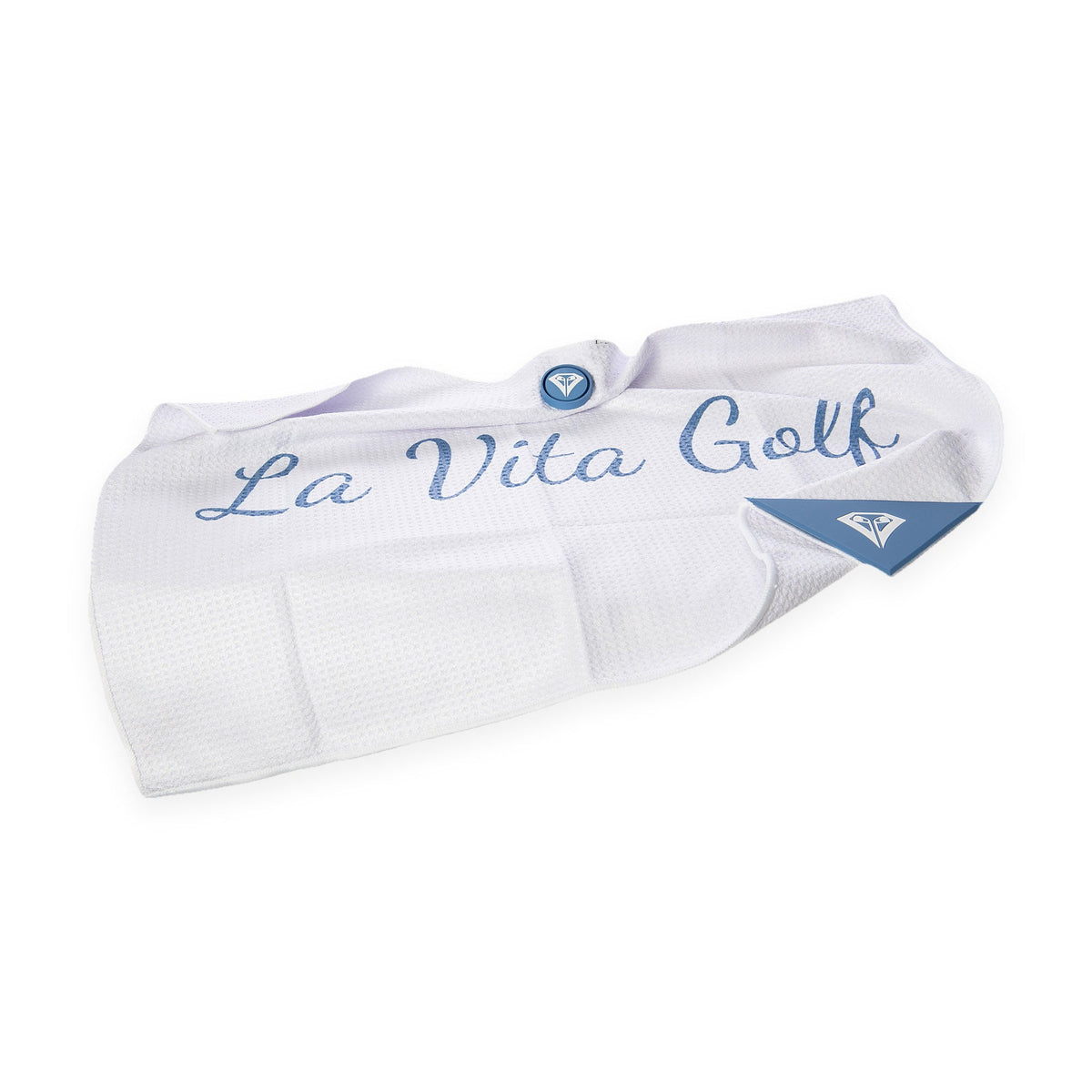 La Vita Golf Magnetic Tour Towel in White, back view showing magnet and groove cleaner
