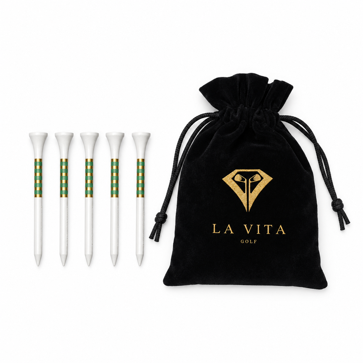 La Vita Primo Tees in white, five tees beside the black velvet La Vita Golf pouch