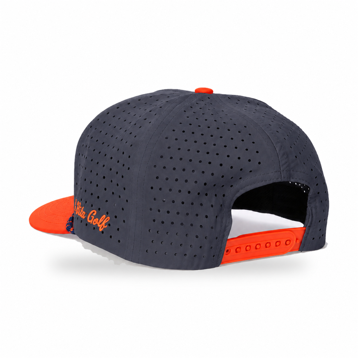 La Vita Golf Signature Rope Hat in Birdie Blaze – back view with orange snapback closure