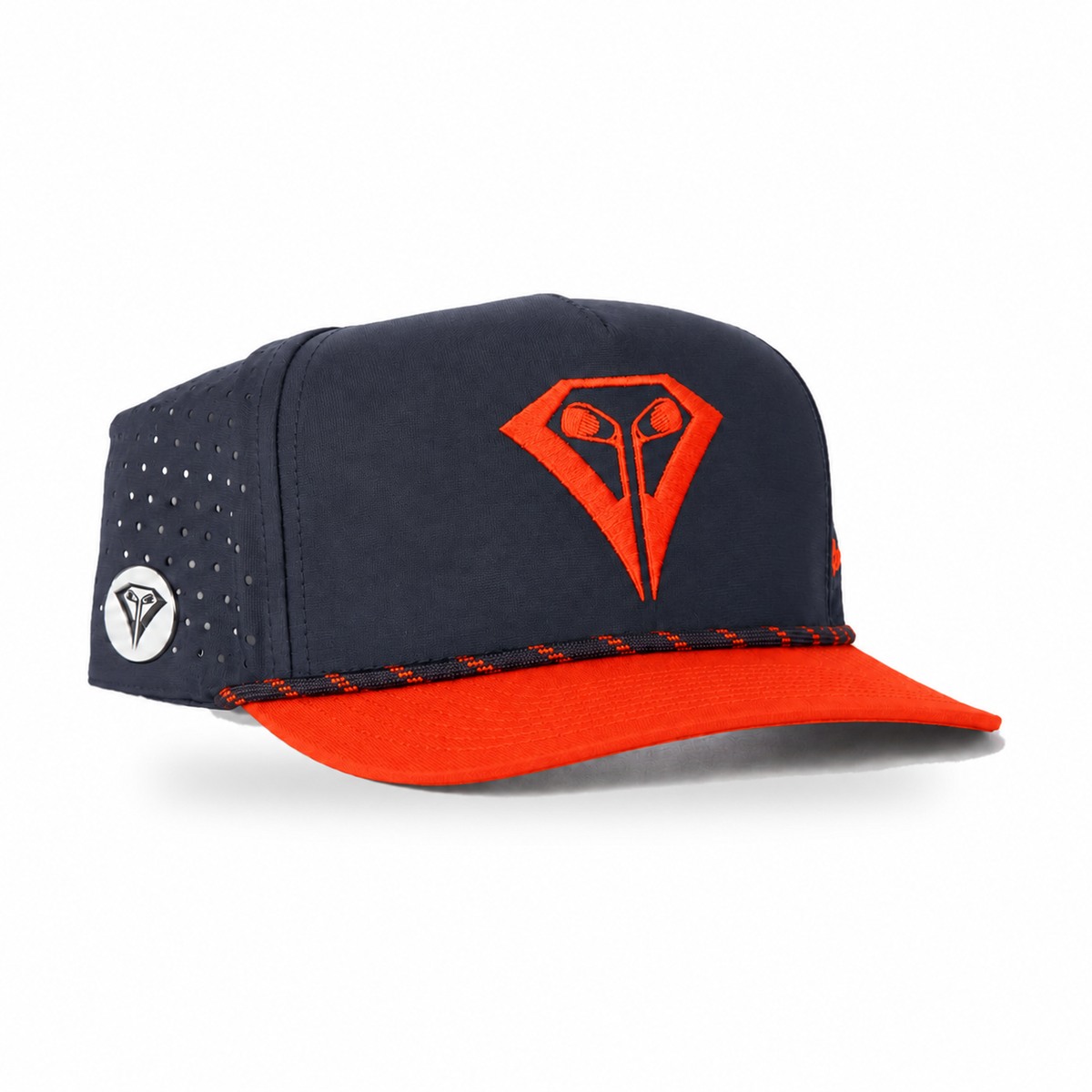 La Vita Golf Signature Rope Hat in Birdie Blaze – angled front view with magnetic ball marker on the side panel