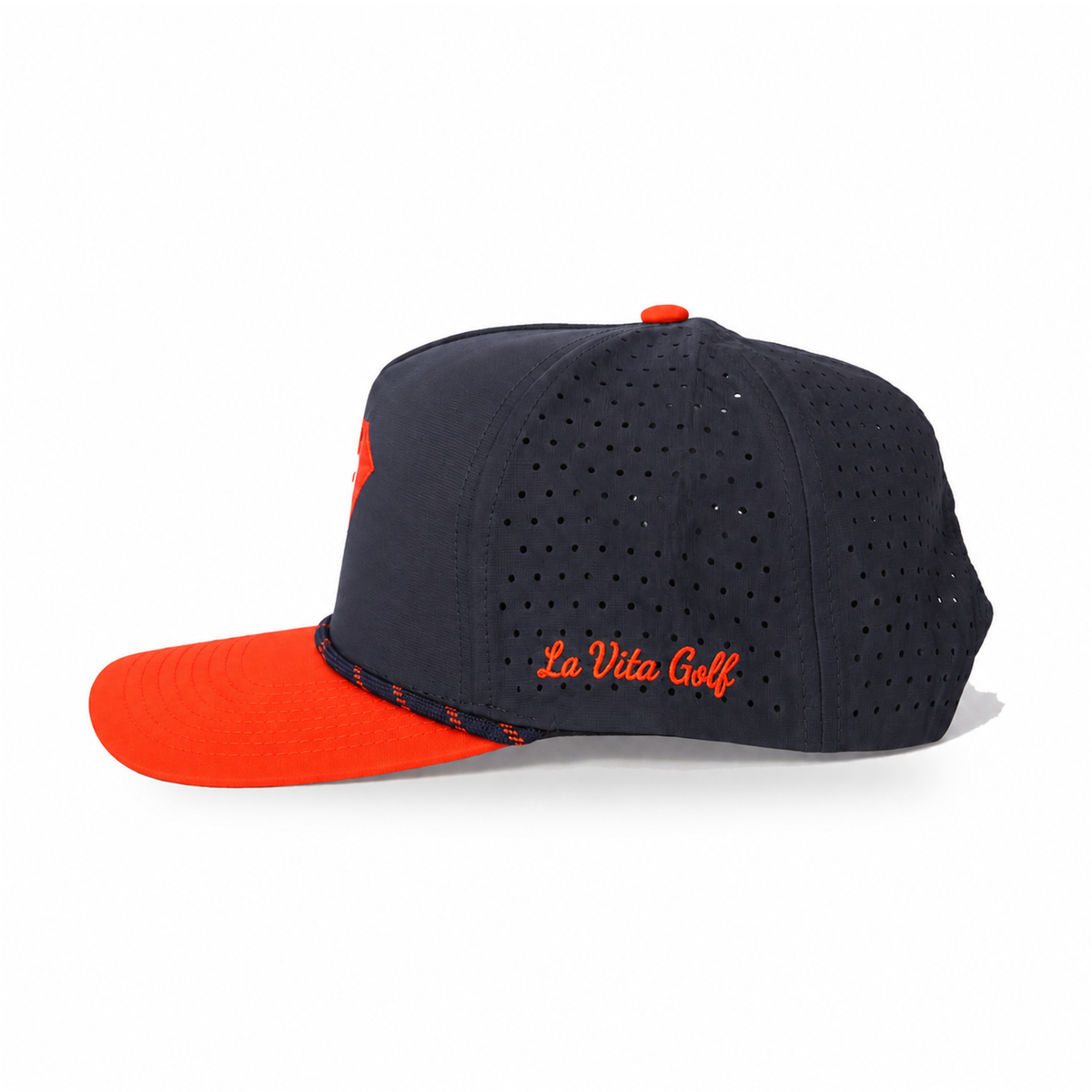 La Vita Golf Signature Rope Hat in Birdie Blaze – side view with orange La Vita Golf script embroidery