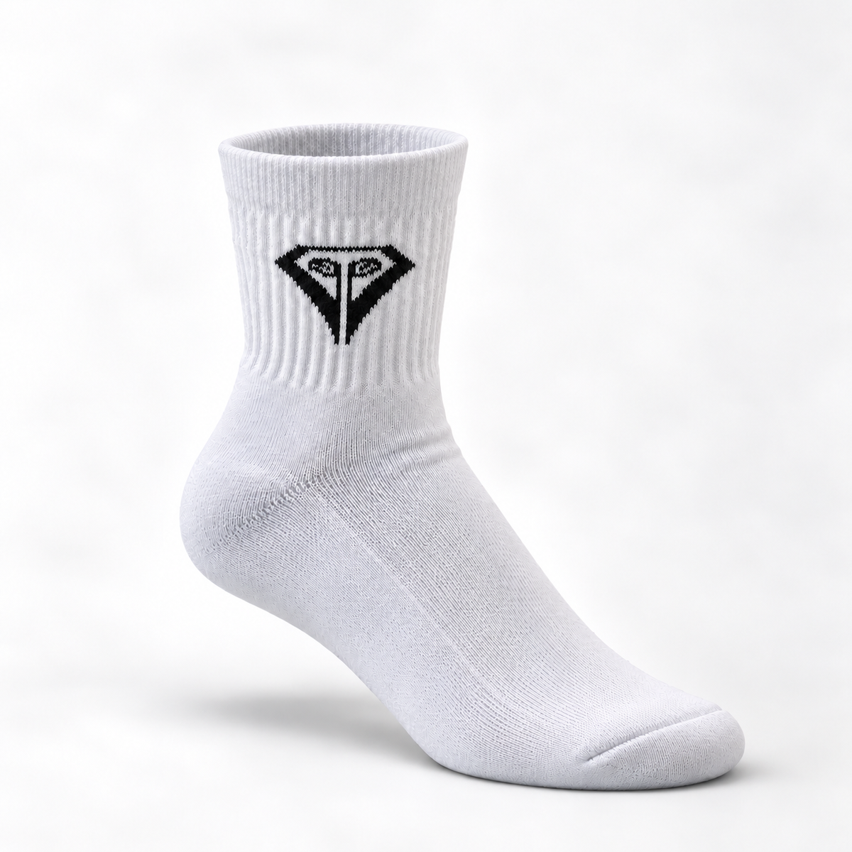 La Vita Golf Classic Crew Sock in white with black diamond logo, shown upright in a ghost-mannequin product view.