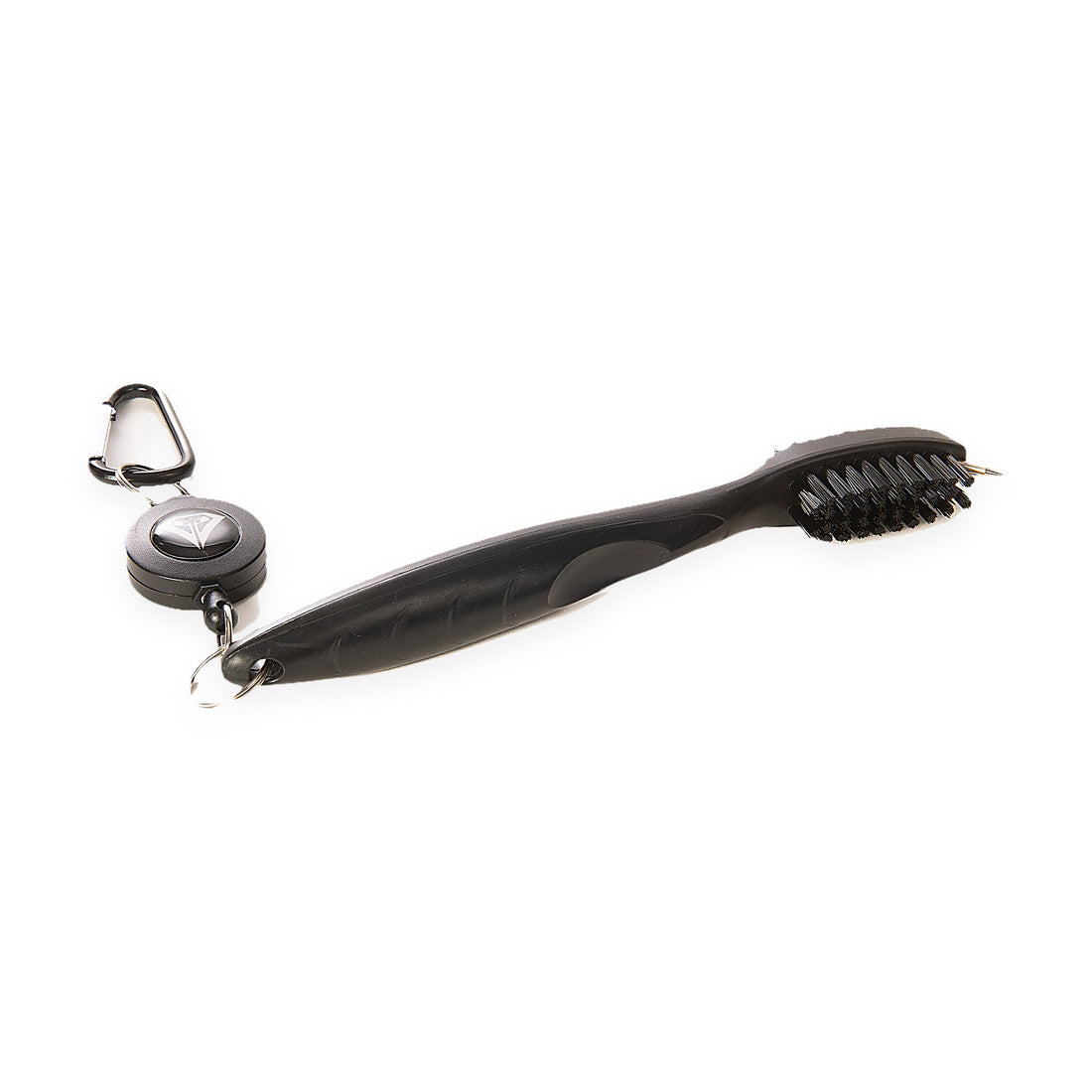 La Vita Golf Club Brush in Black - two-sided club brush with groove pick and retractable carabiner, on a plain white background