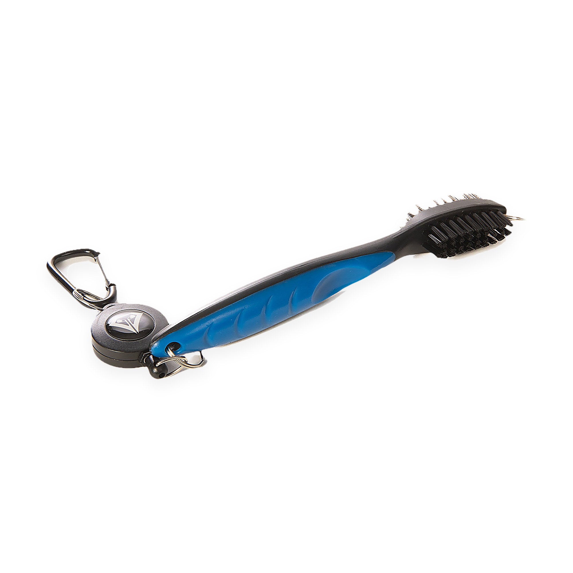 La Vita Golf Club Brush in Blue - two-sided club brush with groove pick and retractable carabiner, on a plain white background