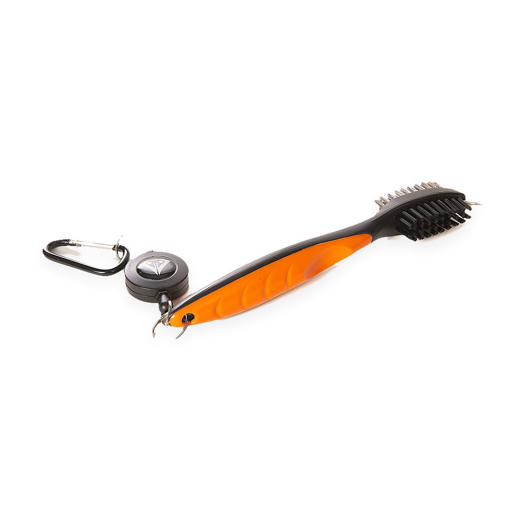 La Vita Golf Club Brush in Orange - two-sided club brush with groove pick and retractable carabiner, on a plain white background