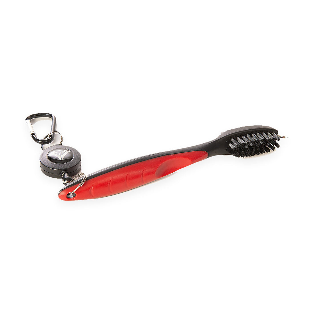 La Vita Golf Club Brush in Red - two-sided club brush with groove pick and retractable carabiner, on a plain white background