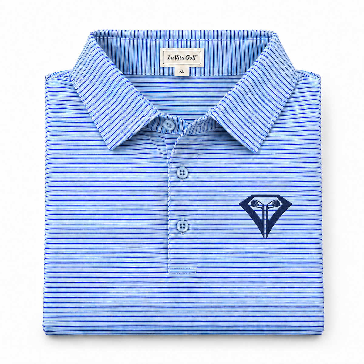La Vita Golf Signature Logo Polo, folded – blue, navy and white pencil stripe with the navy La Vita diamond logo embroidered on the left chest