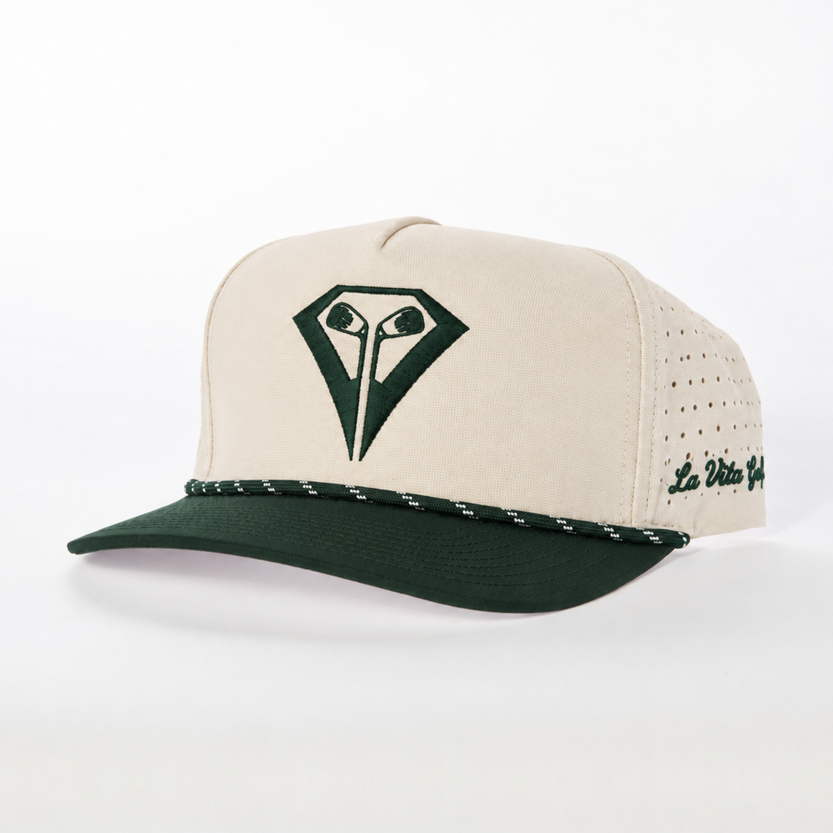 La Vita Golf Signature Rope Hat in Ivy League – angled front view, cream perforated crown with black diamond logo and dark green rope brim