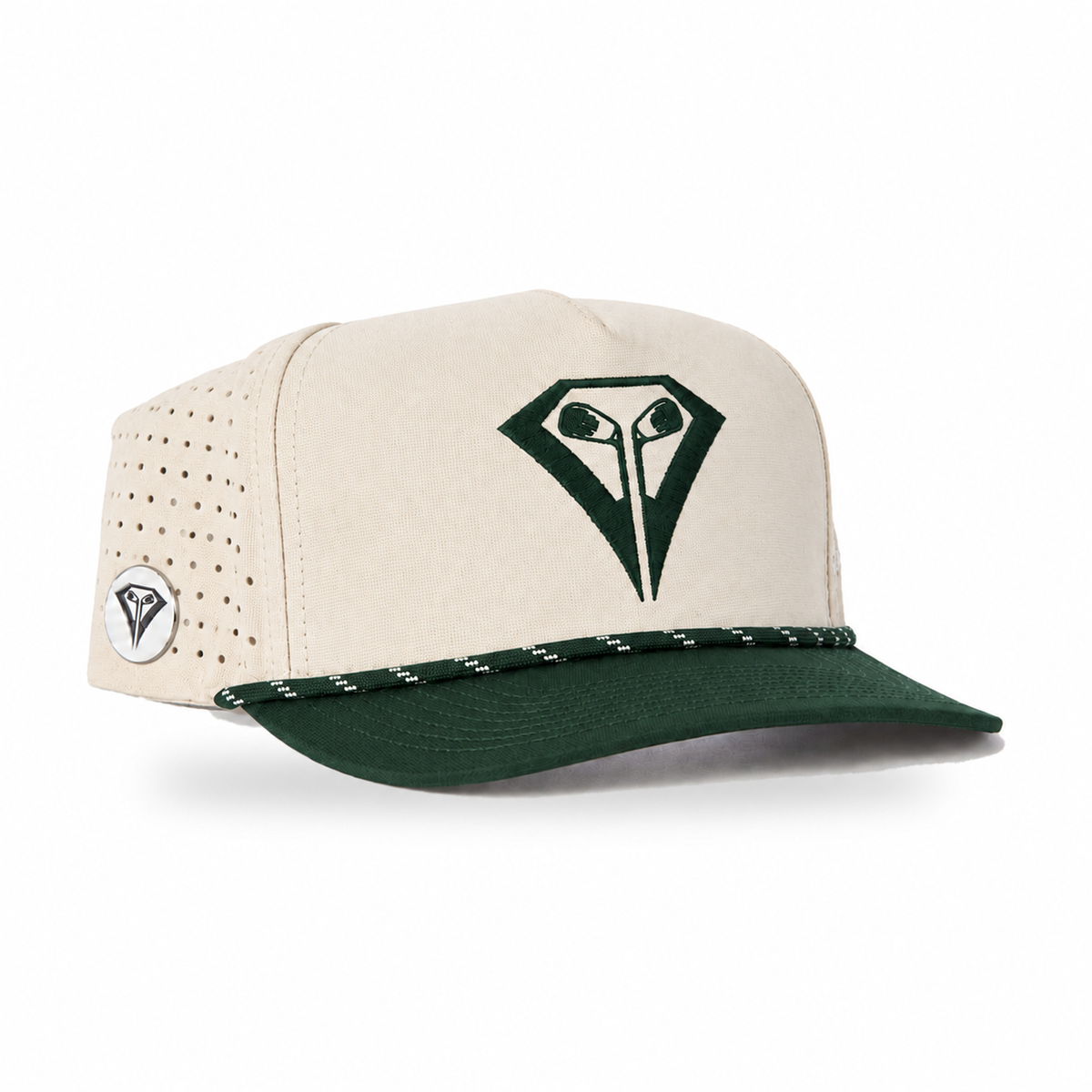 La Vita Golf Signature Rope Hat in Ivy League – angled front view with magnetic ball marker on the side panel