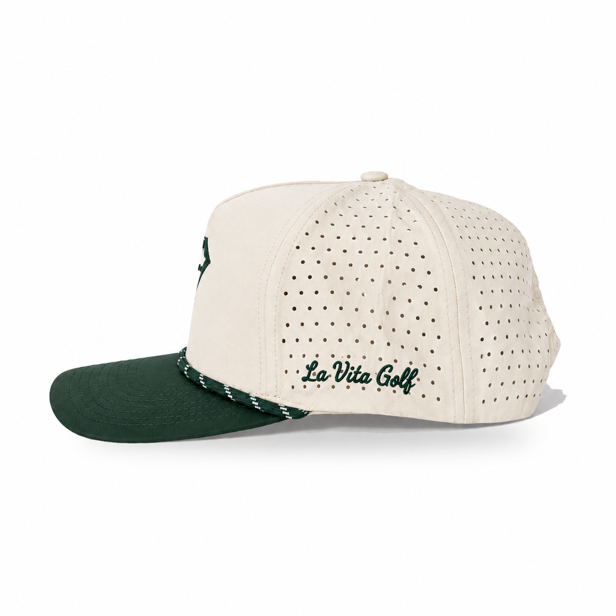 La Vita Golf Signature Rope Hat in Ivy League – side view with La Vita Golf script embroidery