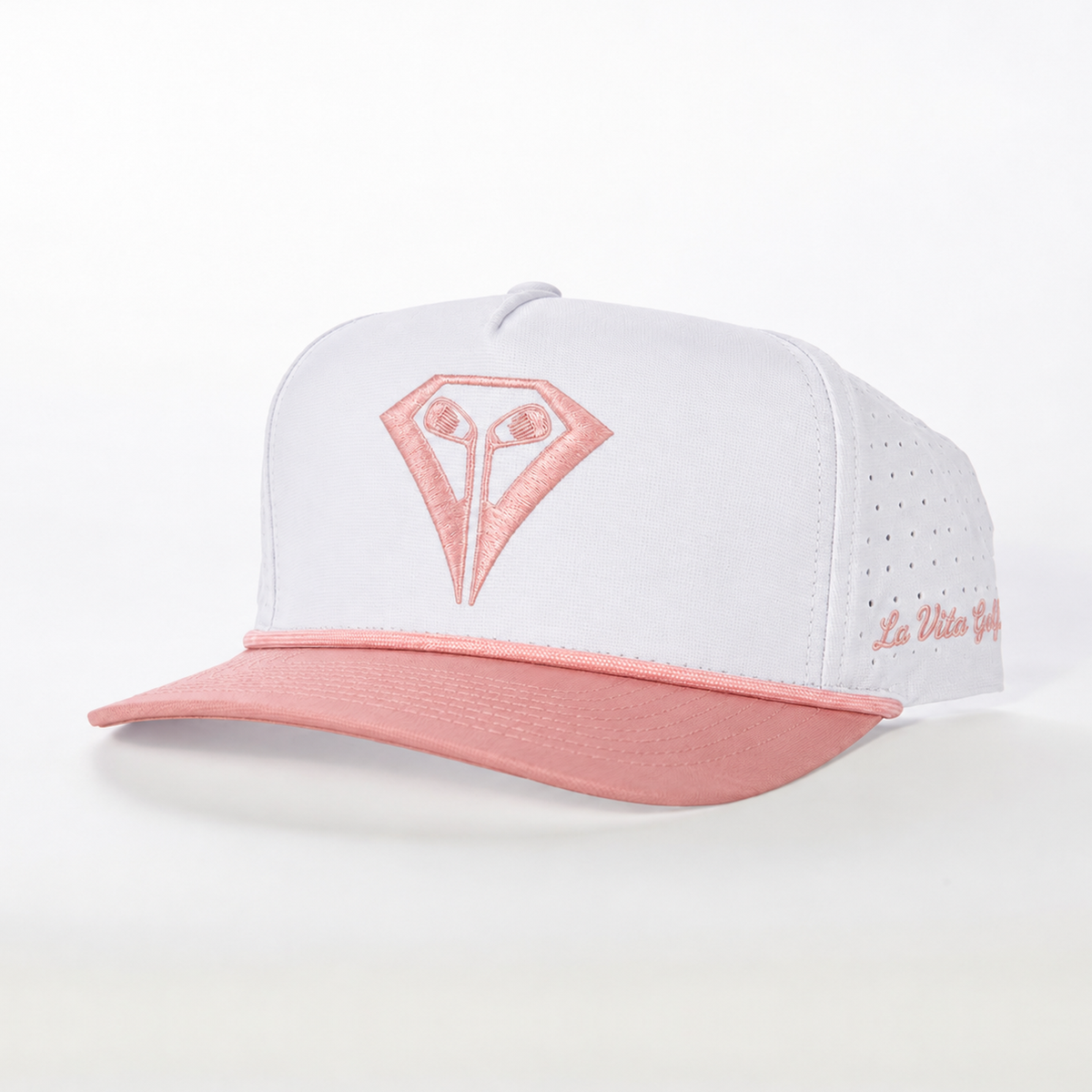La Vita Golf Signature Rope Hat in Just Peachy – angled front view, white crown with peach diamond logo and peach rope brim