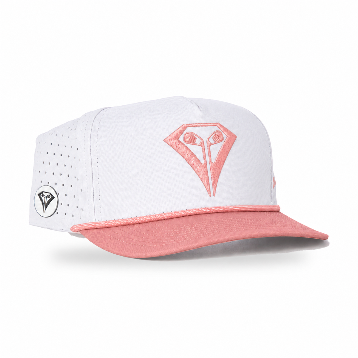 La Vita Golf Signature Rope Hat in Just Peachy – angled front view with magnetic ball marker on the side panel