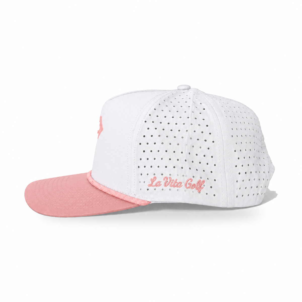 La Vita Golf Signature Rope Hat in Just Peachy – side view with peach La Vita Golf script embroidery