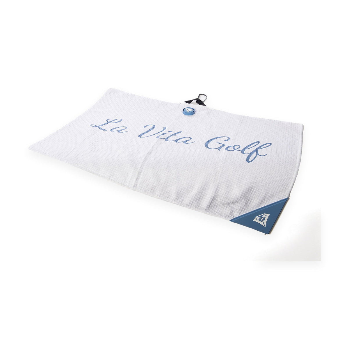 La Vita Golf Magnetic Tour Towel in White with powder blue script logo and groove brush