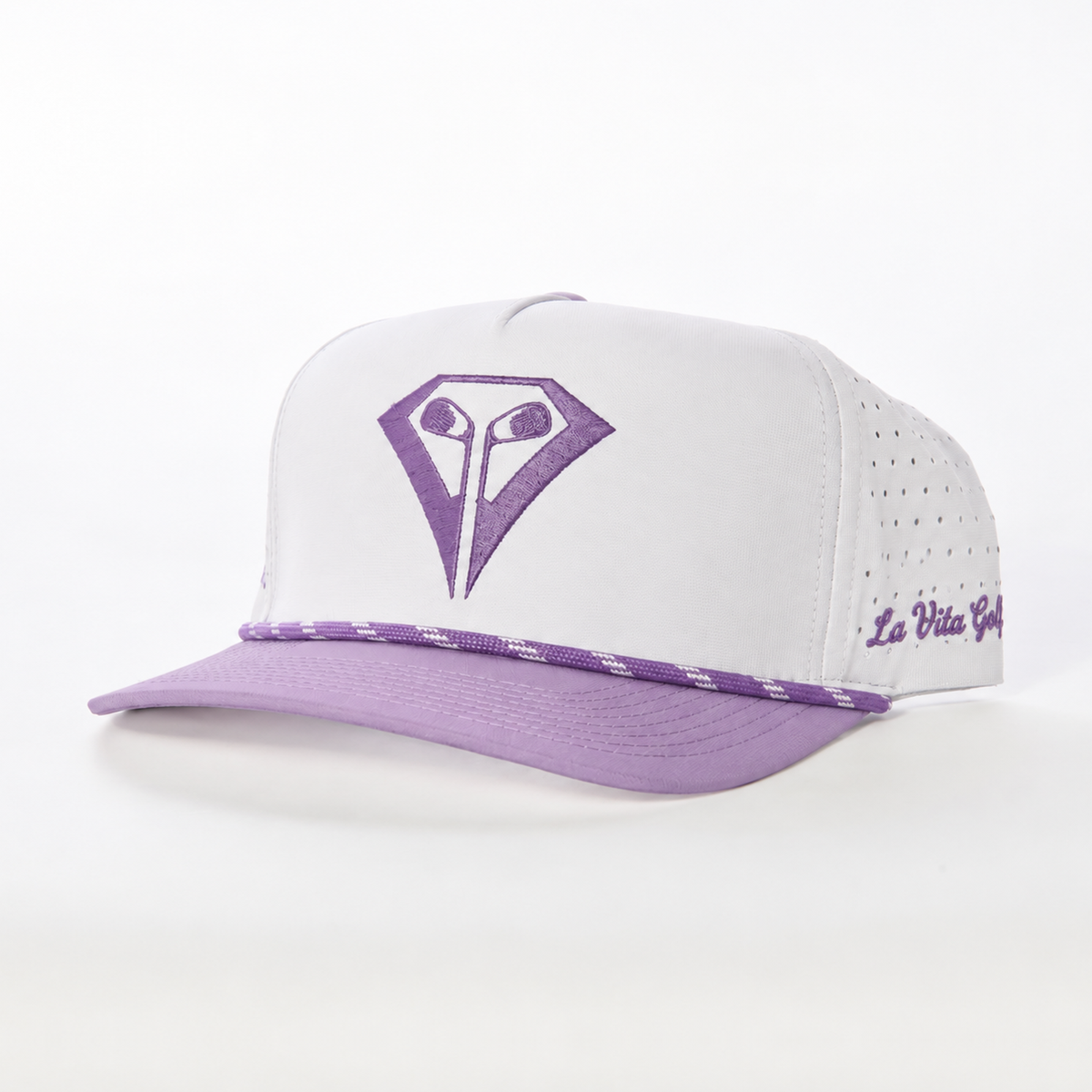 La Vita Golf Signature Rope Hat in Lavender Links – angled front view, white crown with purple diamond logo and lavender rope brim