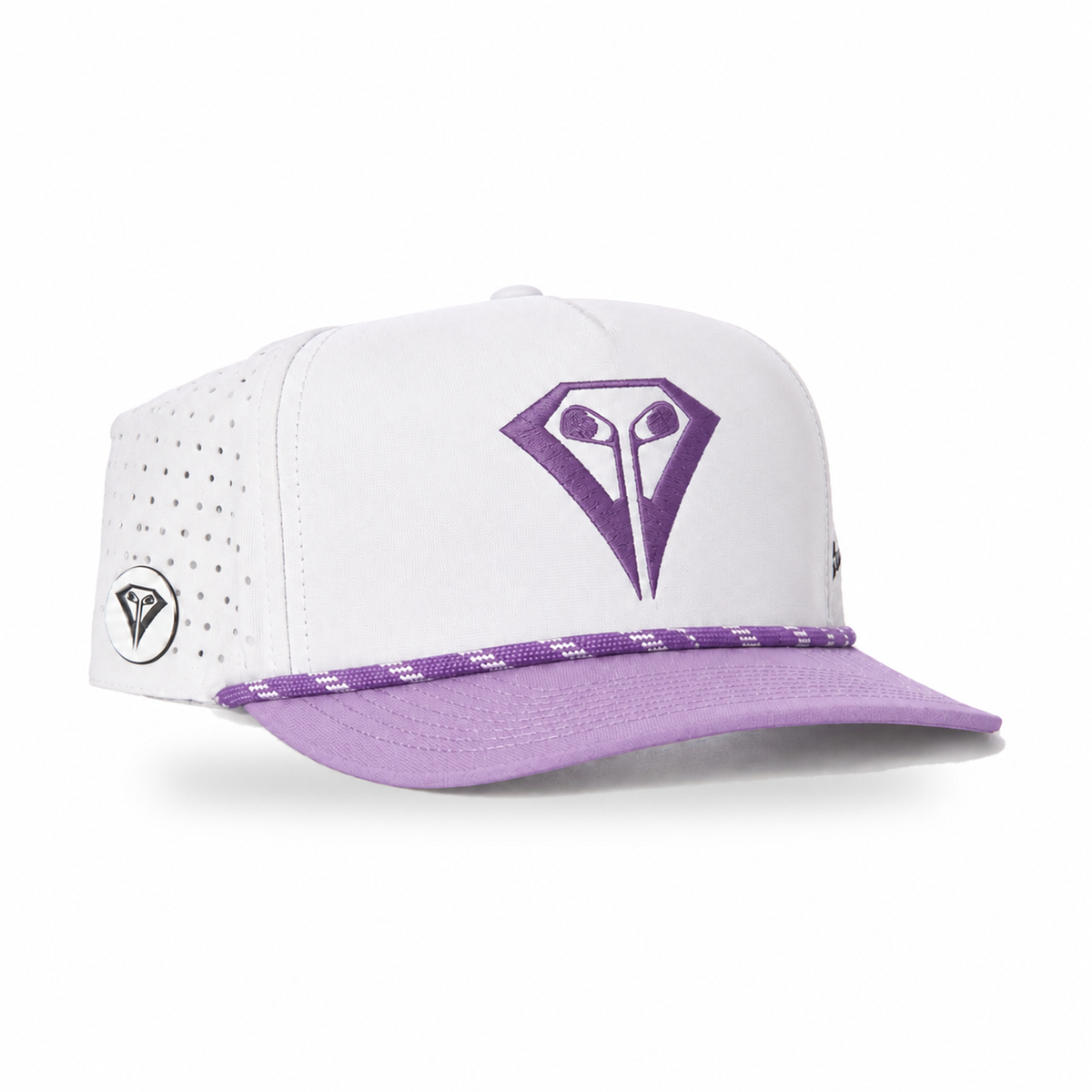 La Vita Golf Signature Rope Hat in Lavender Links – angled front view with magnetic ball marker on the side panel