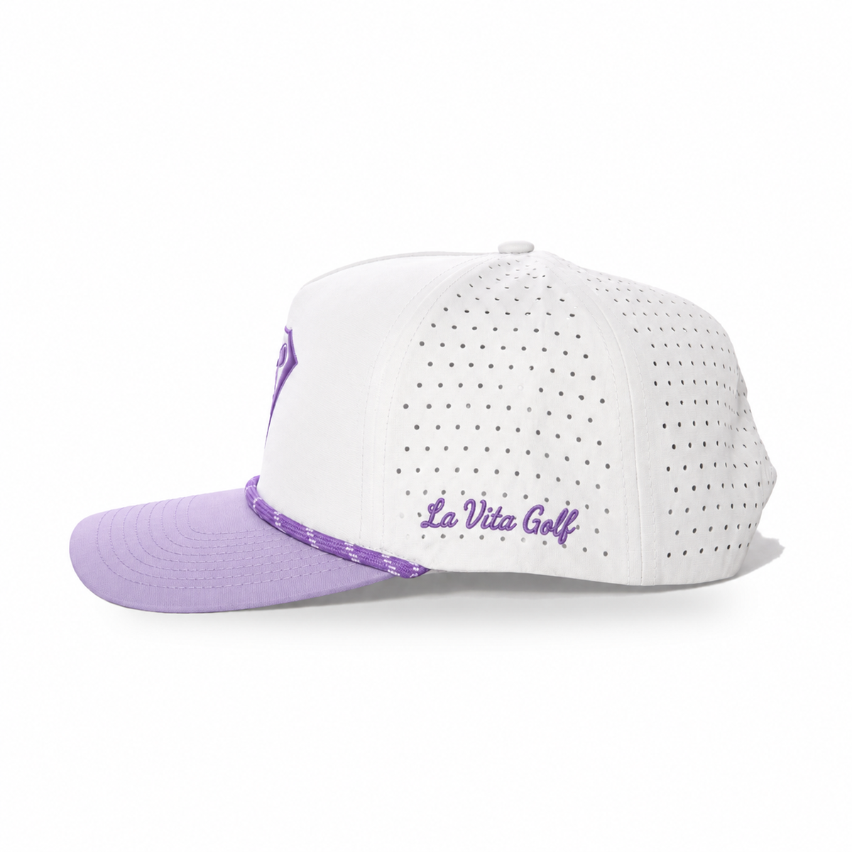 La Vita Golf Signature Rope Hat in Lavender Links – side view with purple La Vita Golf script embroidery