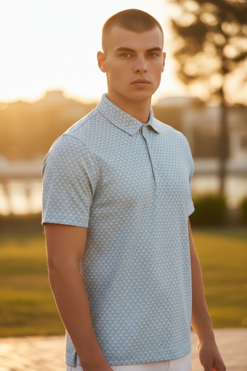 LA VITA GOLF blue lagoon performance polo shirt with geometric triangle pattern, 92% polyester / 8% spandex blend.