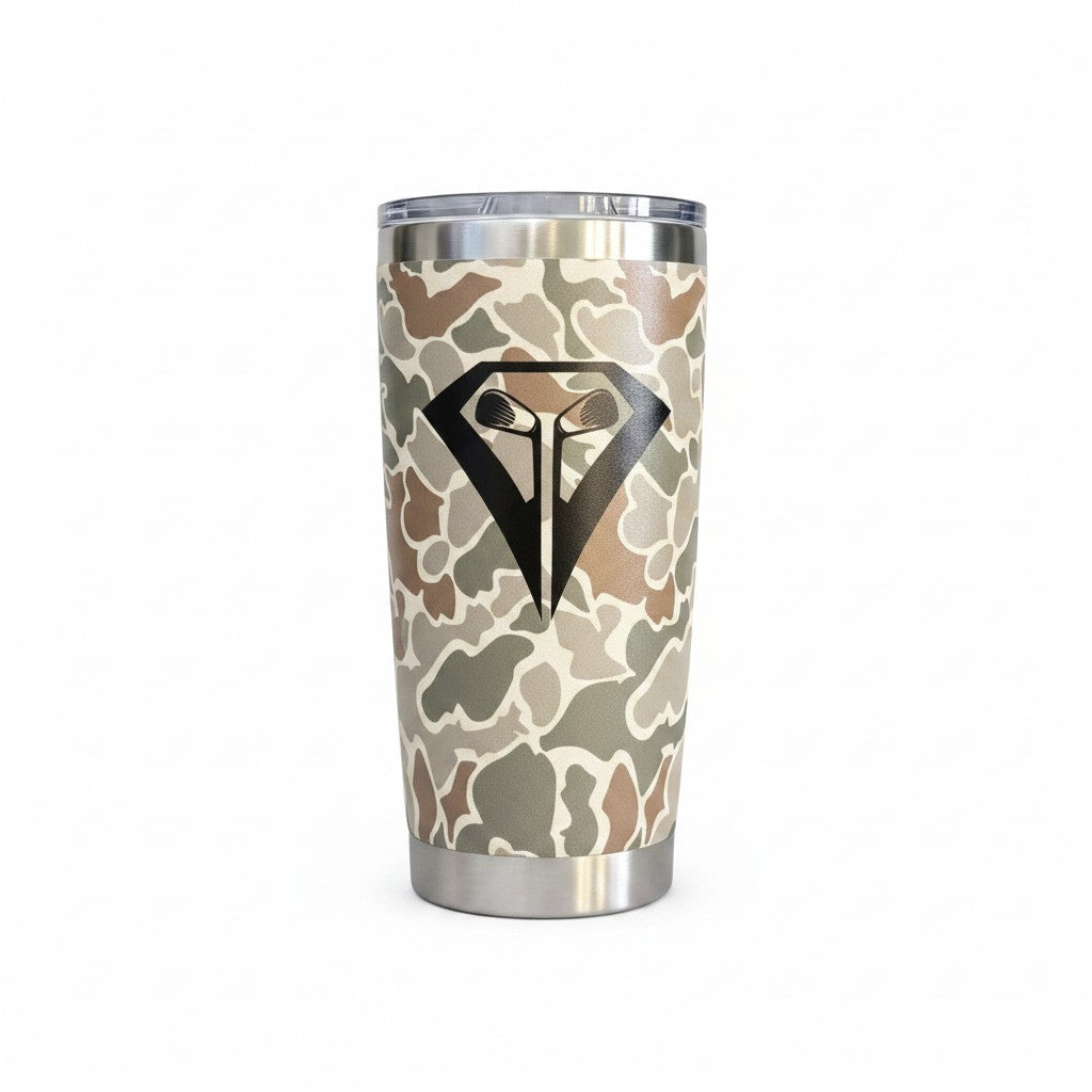 LA VITA GOLF 20 oz camo stainless steel tumbler with black logo. Double-wall insulated for hot or cold drinks.