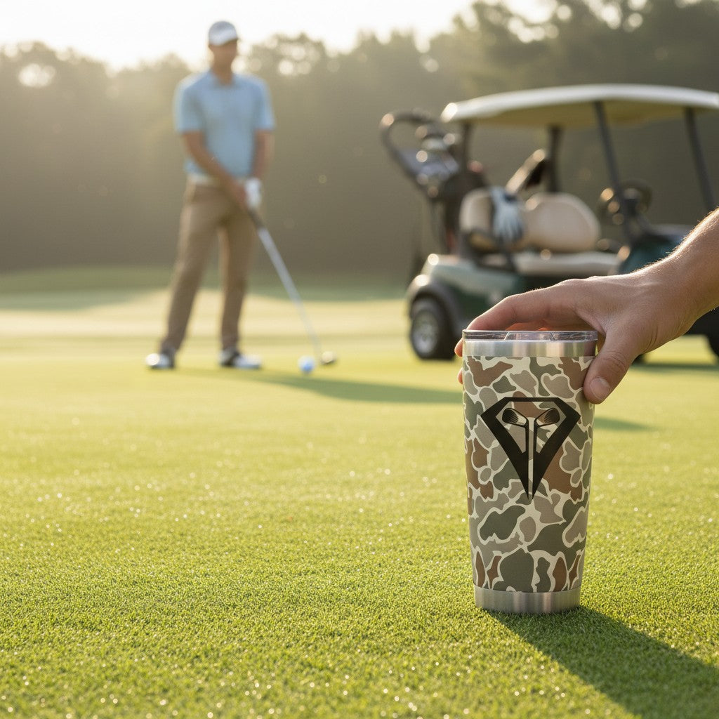LA VITA GOLF 20 oz camo stainless steel tumbler with black logo and golf club emblem. Double-wall insulated.