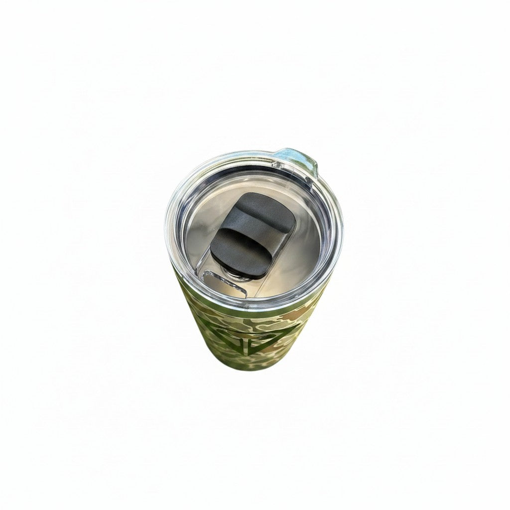 LA VITA GOLF 20 oz camo stainless steel tumbler with black logo and clear lid with black slider.