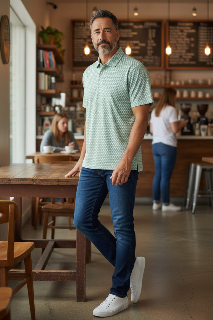 LA VITA GOLF Performance Polo shirt in margarita green with a geometric triangle pattern, short sleeves, and a button-up collar.