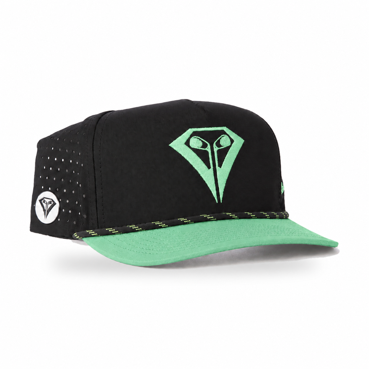 La Vita Golf Signature Rope Hat in Mint Chip – angled front view with magnetic ball marker on the side panel