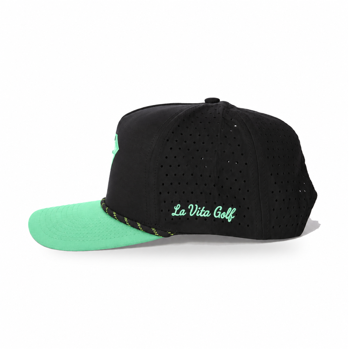 La Vita Golf Signature Rope Hat in Mint Chip – side view, black crown with mint green brim and script embroidery