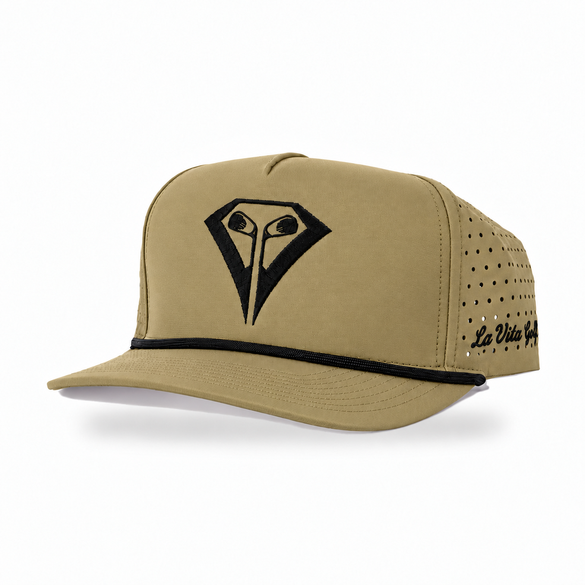 La Vita Golf Signature Rope Hat in Moss Green – angled front view, moss green crown with black diamond logo and black rope brim