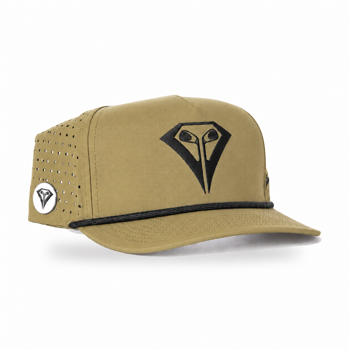 La Vita Golf Signature Rope Hat in Moss Green – angled front view with magnetic ball marker on the side panel