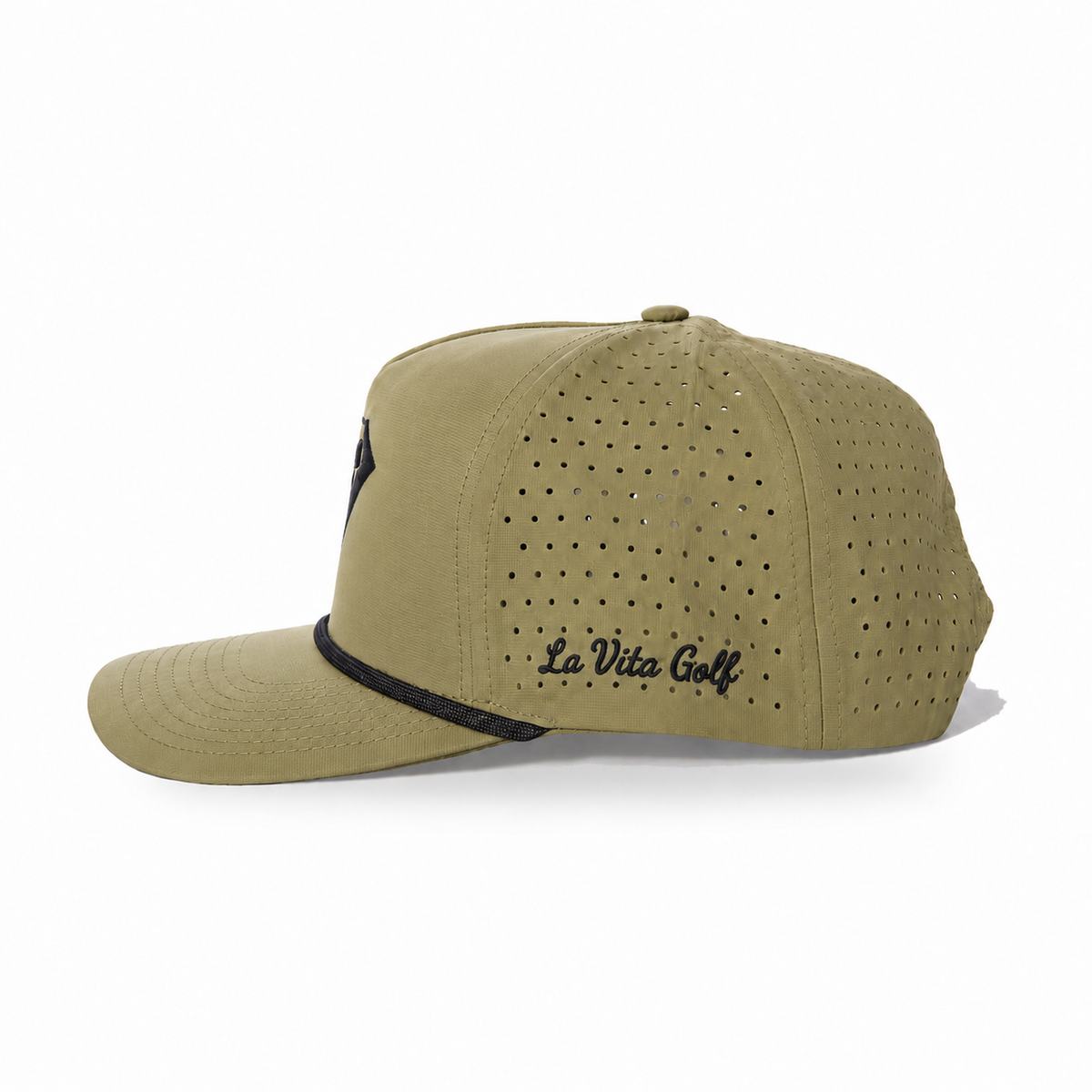 La Vita Golf Signature Rope Hat in Moss Green – side view with La Vita Golf script embroidery