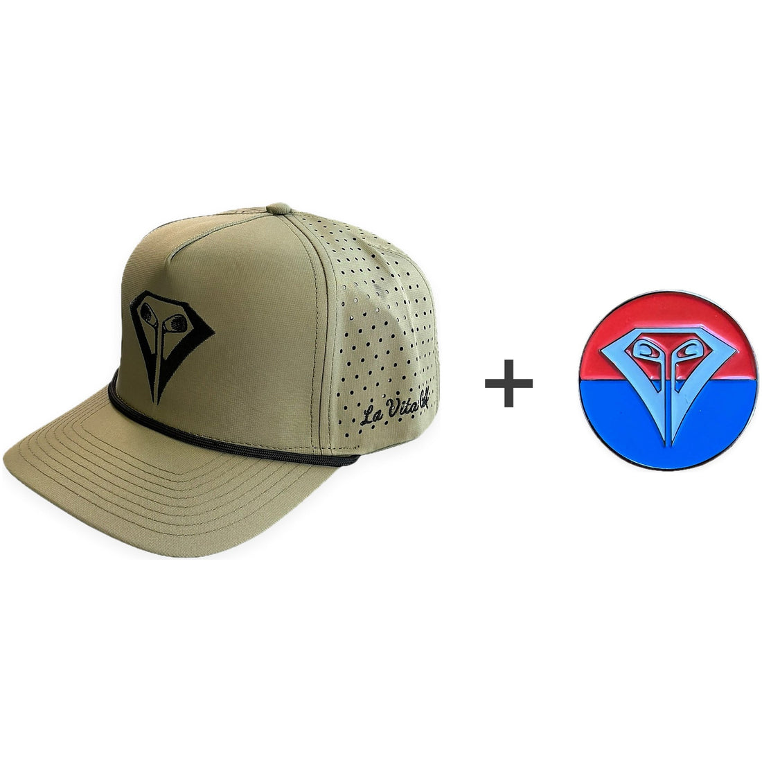 La Vita Golf The Classic Rope Hat (Moss Green) + Red, White & Blue magnetic ball marker bundle