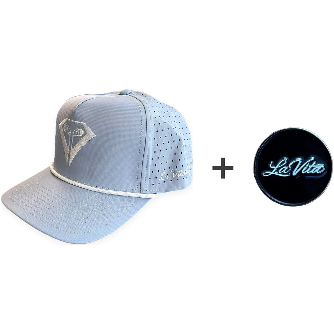 La Vita Golf The Classic Rope Hat (Powder Blue) + Black and White magnetic ball marker bundle