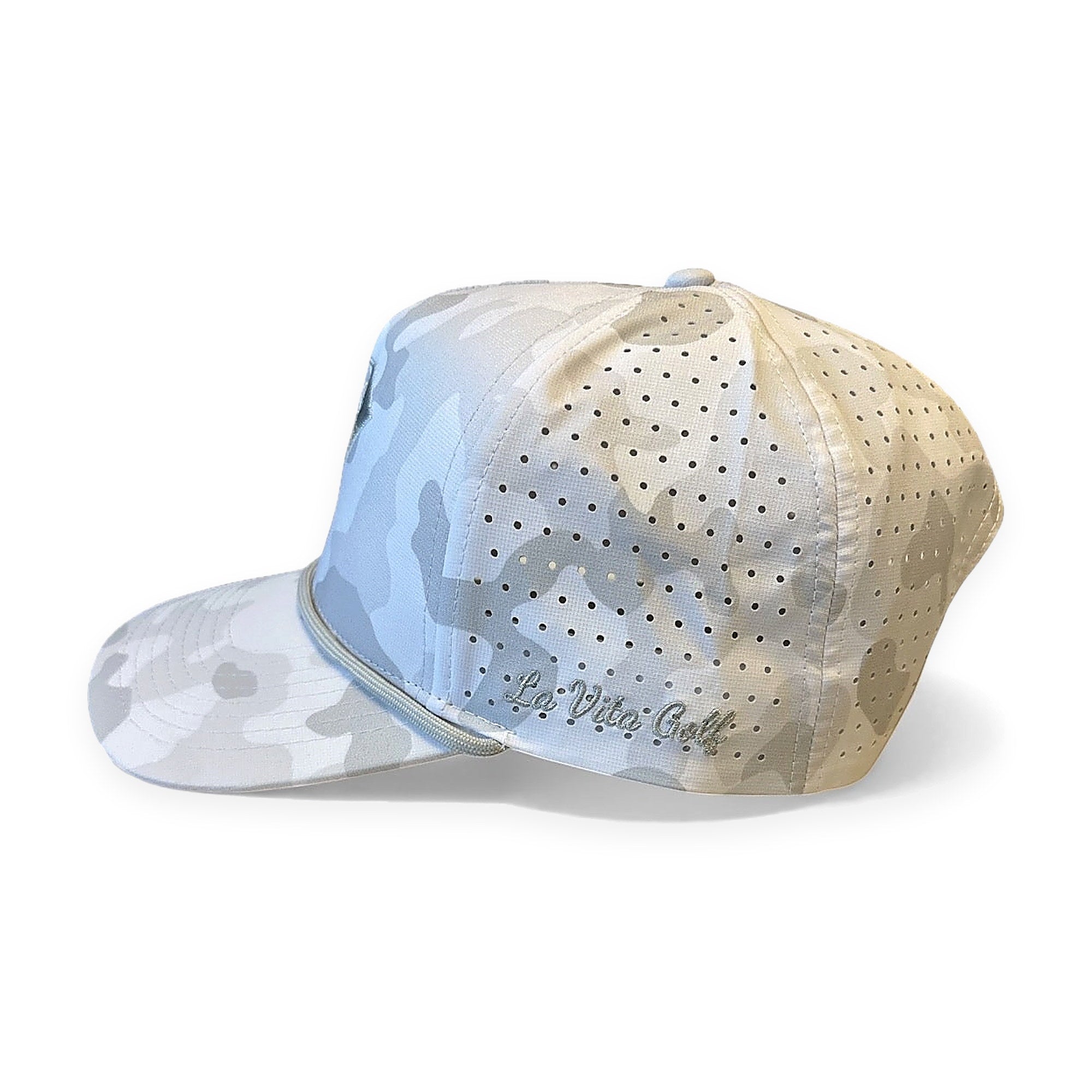 La Vita Golf "The Classic" Rope Hat (Snow Camo) - snow camo rope golf cap, side view on a plain white background