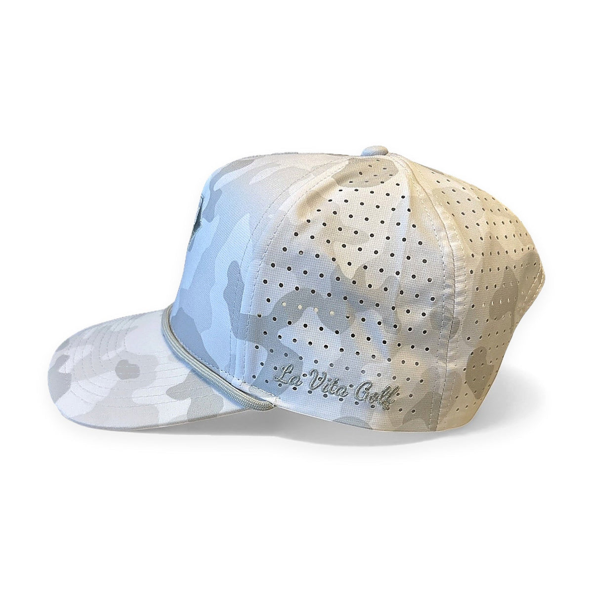 La Vita Golf Signature Rope Hat (Snow Camo) - snow camo rope-brim golf snapback, side view on a plain white background