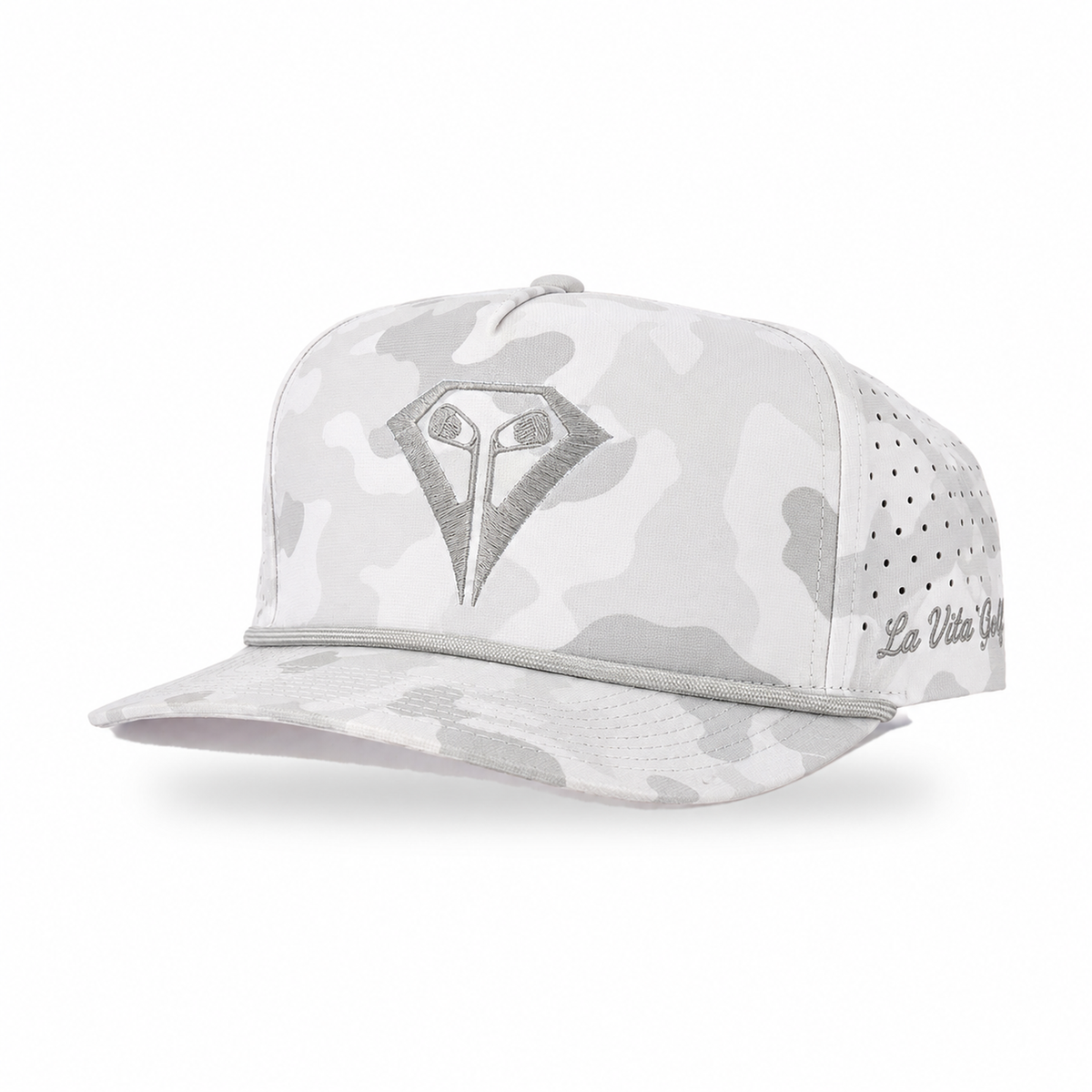 La Vita Golf Signature Rope Hat in Snow Camo – angled front view, white and gray camouflage crown and brim