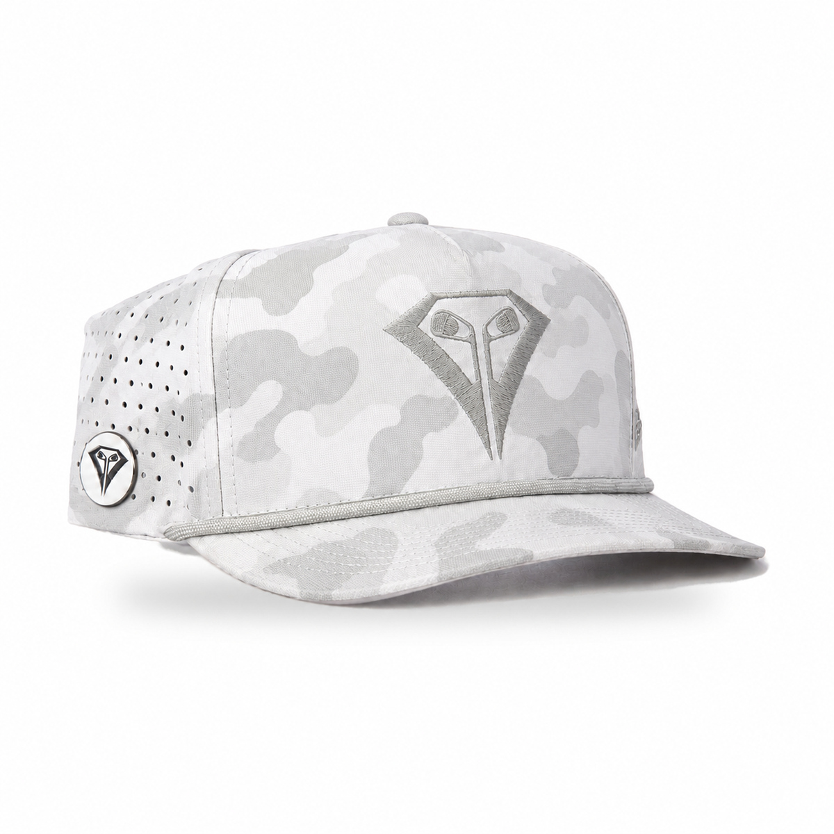 La Vita Golf Signature Rope Hat in Snow Camo – angled front view with magnetic ball marker on the side panel