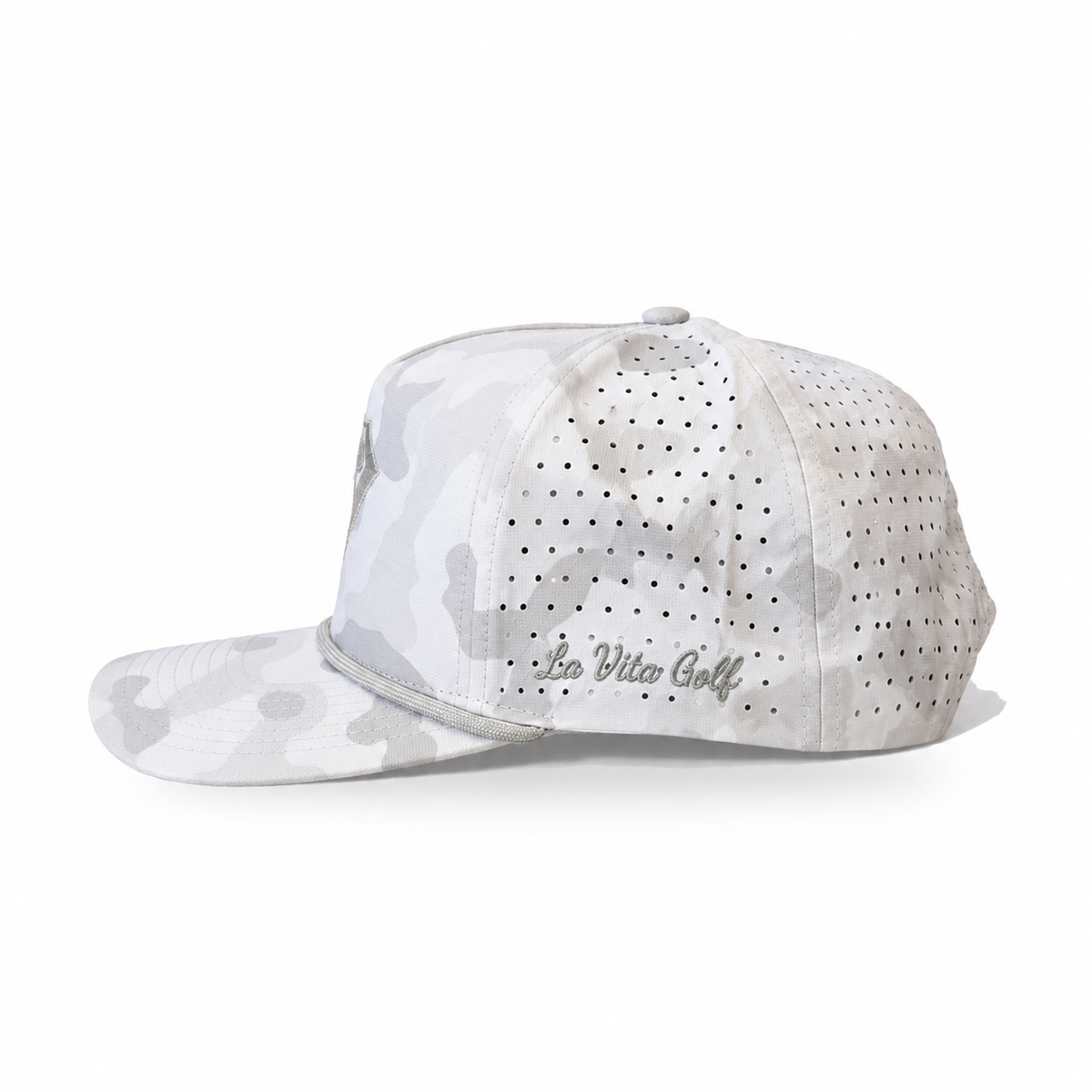 La Vita Golf Signature Rope Hat in Snow Camo – side view of the camouflage crown