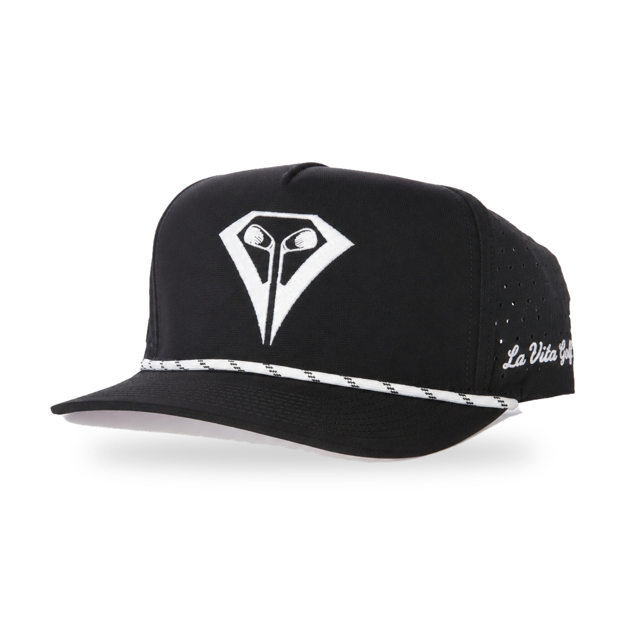 La Vita Golf "The Classic" Rope Hat (Black) - black rope-brim golf cap with white logo and white rope, angled front view on a plain white background