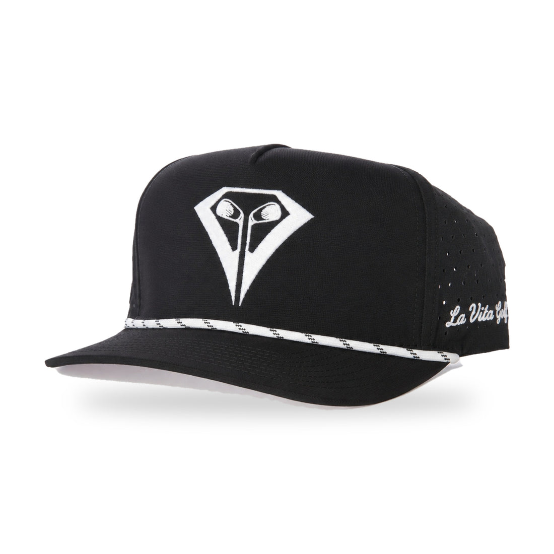 La Vita Golf "The Classic" Rope Hat (Black) - black rope-brim golf cap with white logo and white rope, angled front view on a plain white background