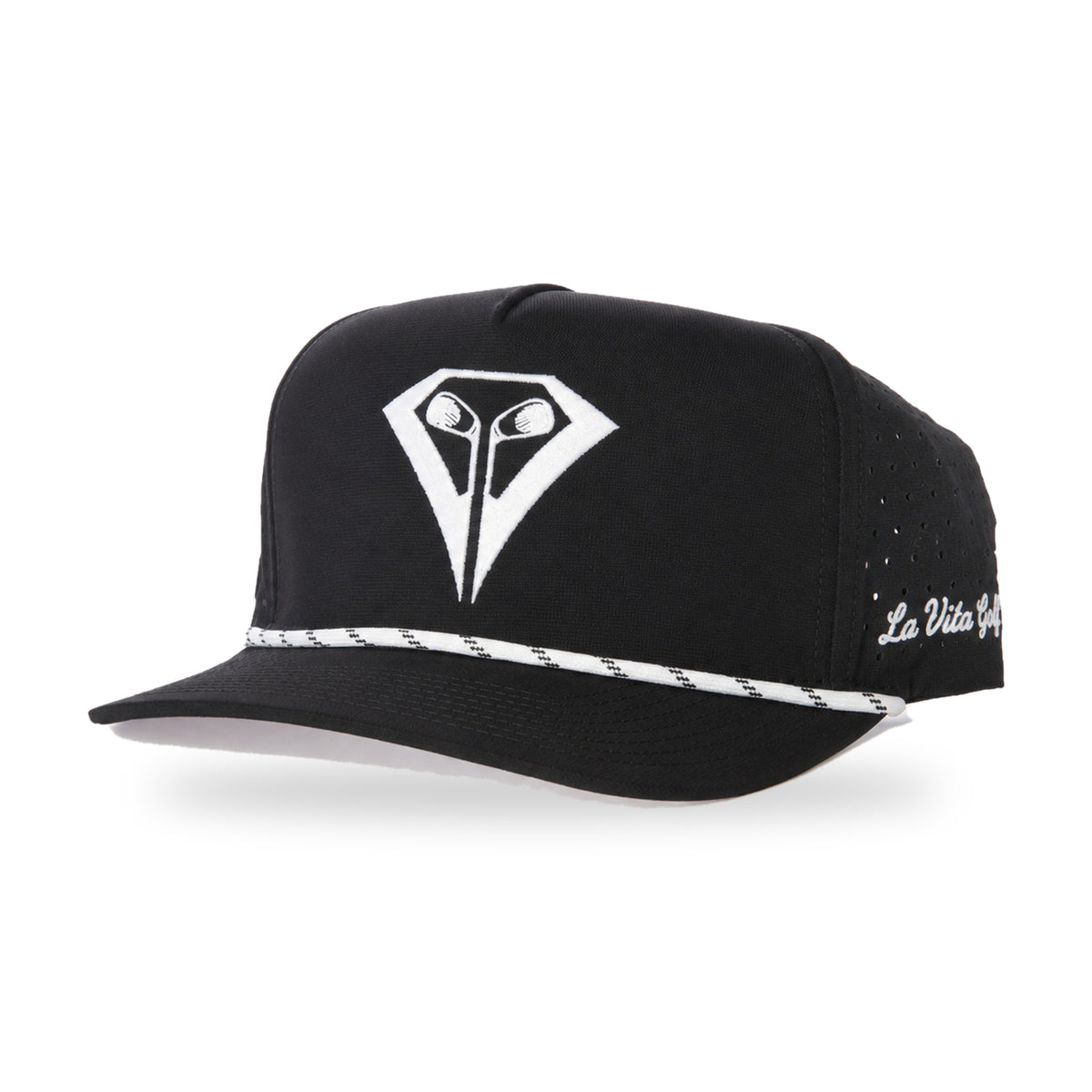 La Vita Golf Signature Rope Hat (Black) - black rope-brim golf snapback with white logo and white rope, angled front view on a plain white background