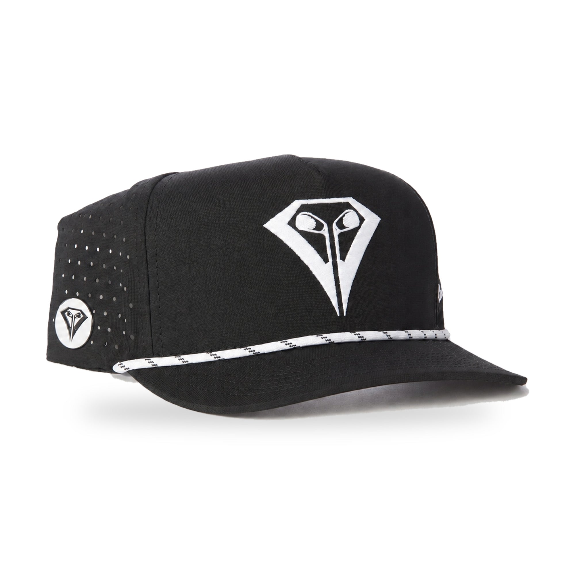 La Vita Golf "The Classic" Rope Hat (Black) - black rope-brim golf cap, angled view with white ball marker on a plain white background