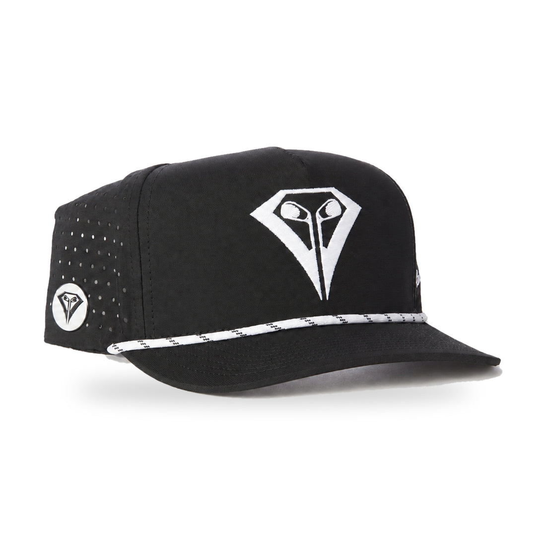 La Vita Golf "The Classic" Rope Hat (Black) - black rope-brim golf cap, angled view with white ball marker on a plain white background