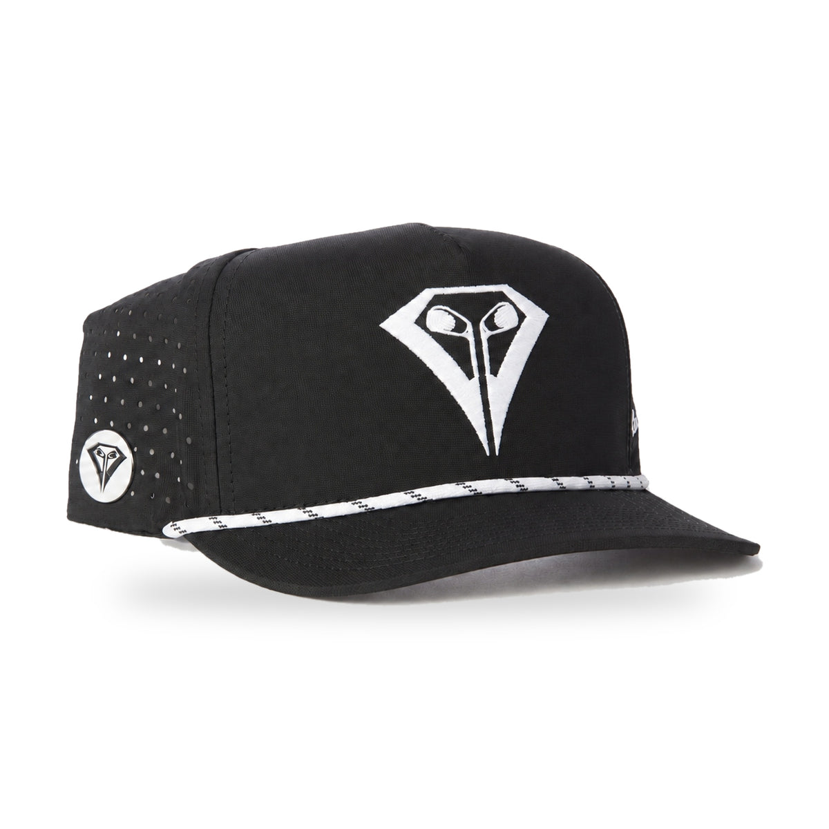 La Vita Golf Signature Rope Hat (Black) - black rope-brim golf snapback, angled view with white ball marker on a plain white background