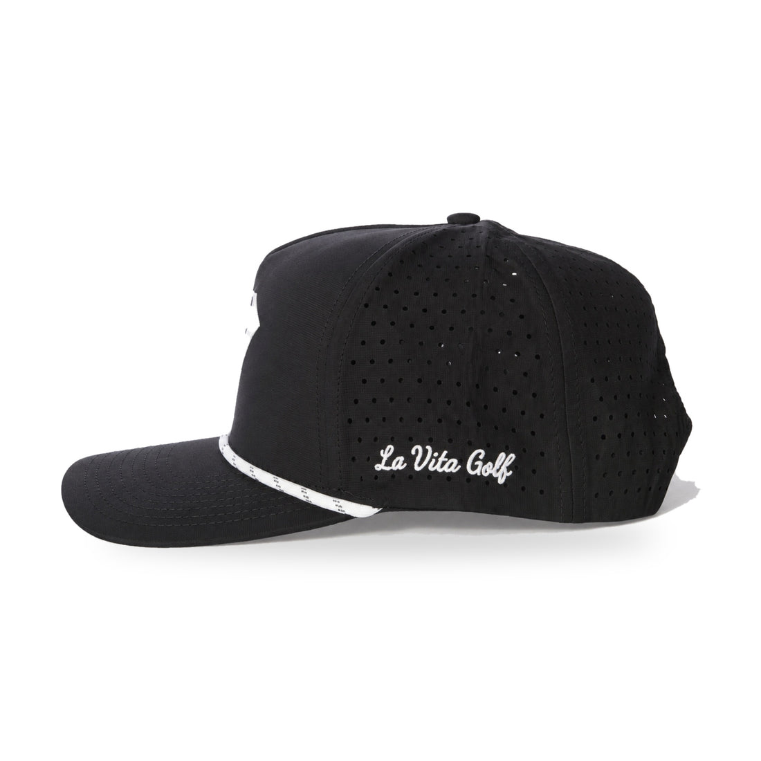 La Vita Golf "The Classic" Rope Hat (Black) - black rope-brim golf cap with perforated side panel, side view on a plain white background