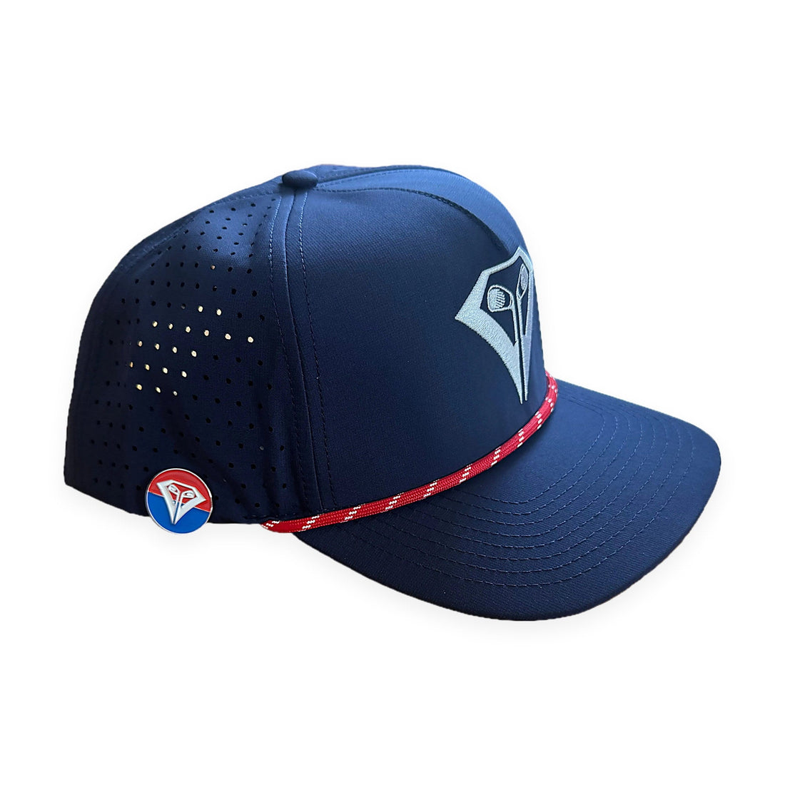 La Vita Golf The Classic Rope Hat (Red, White and Blue) - rope-brim golf cap, angled view on a plain white background