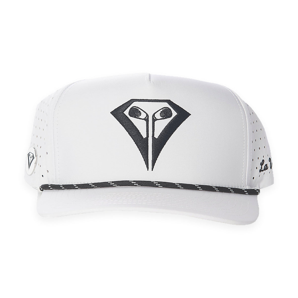 La Vita Golf Signature Rope Hat (White) - rope-brim golf snapback, angled view on a plain white background