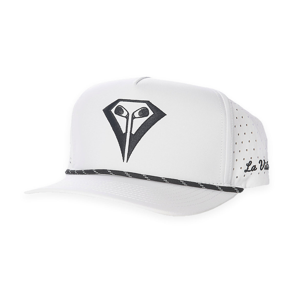 La Vita Golf Signature Rope Hat (White) - rope-brim golf snapback, detail view on a plain white background