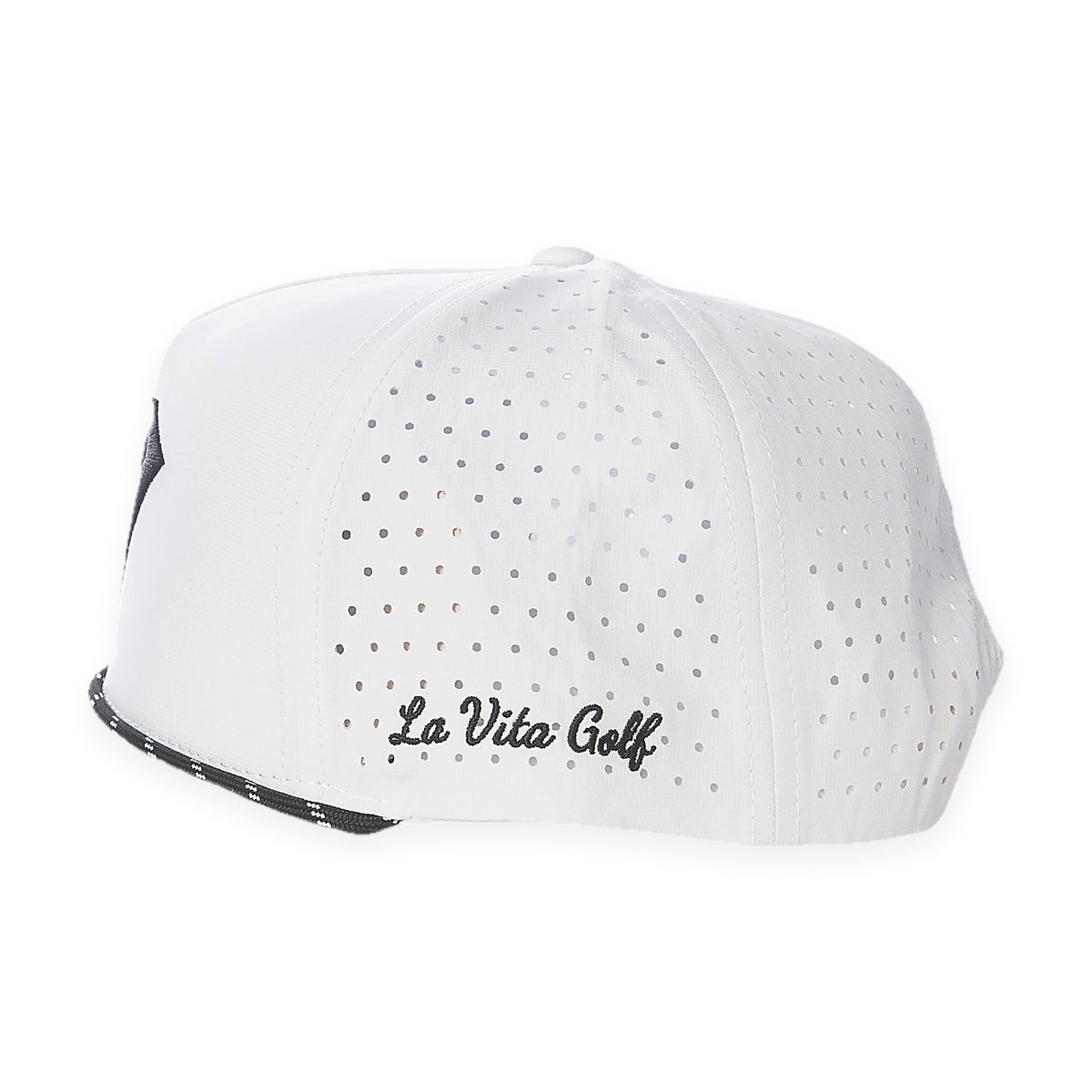 La Vita Golf Signature Rope Hat (White) - rope-brim golf snapback, side view on a plain white background
