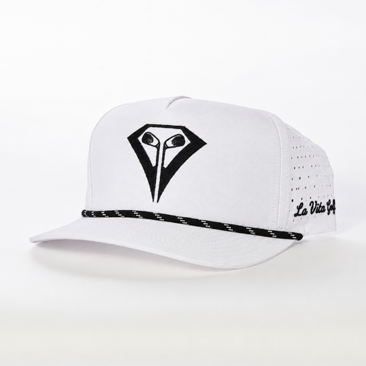 La Vita Golf Signature Rope Hat in White – angled front view, white crown with black diamond logo and black-and-white rope brim